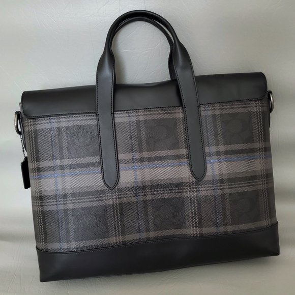NEW COACH men Plaid Check Business Briefcase bag - Picture 3 of 8